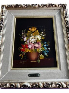 Ruggeri Framed Floral Still Life - Colorful Bouquet on Black Vintage